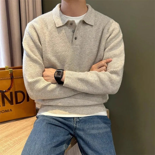 Autumn New Men's Korean Polo Neck Sweater Luxury Knitted Long Sleeve Pullover Casual Solid Color Streetwear Leisure Knitwear Top